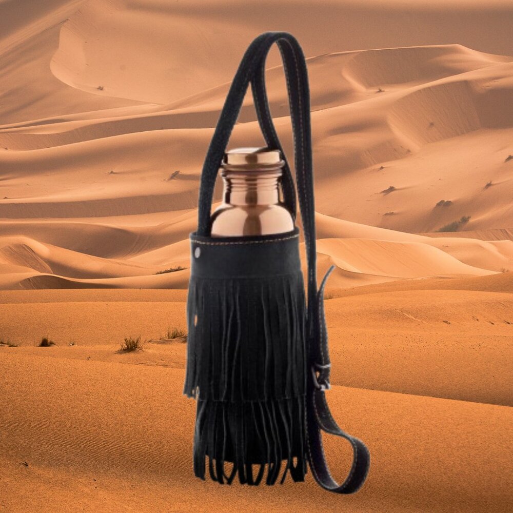 Tamra Black Boho Fringe Black Water or Wine Bottle Cartier Holder